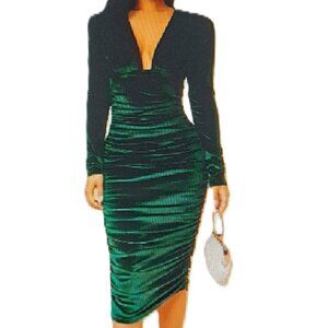 New Elegant LS Dark Emerald Green Velvet Bodycon Midi Dress